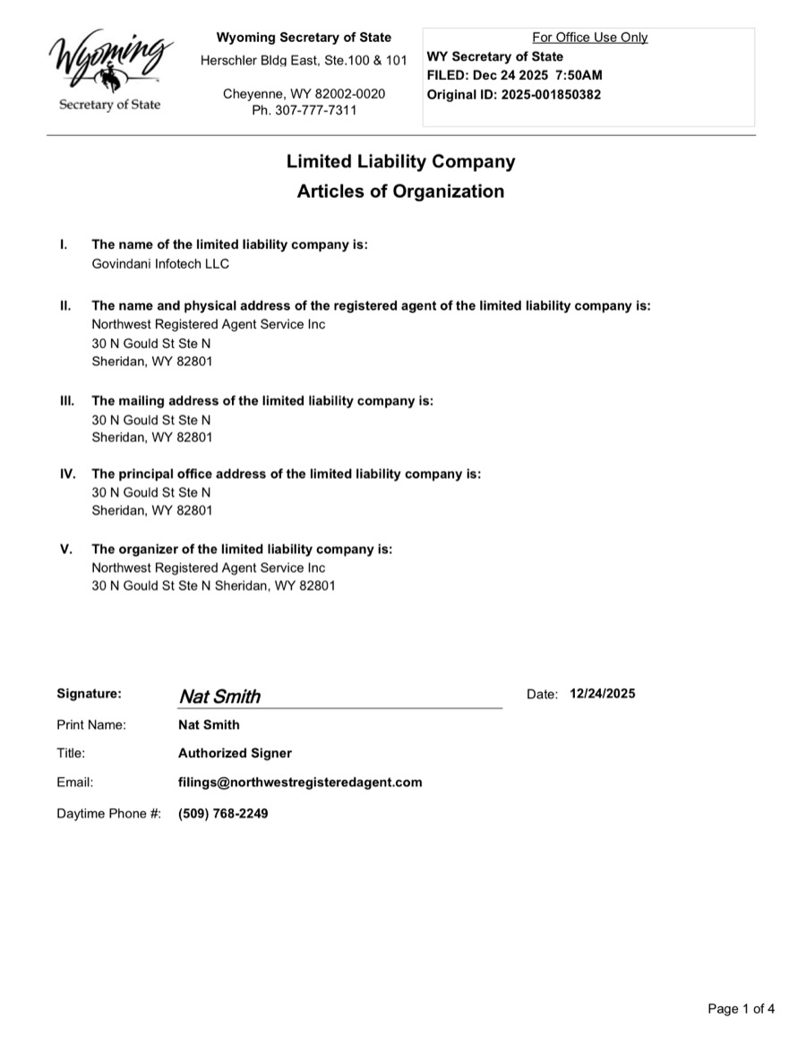 Wyoming Articles of Organization — Govindani Infotech LLC